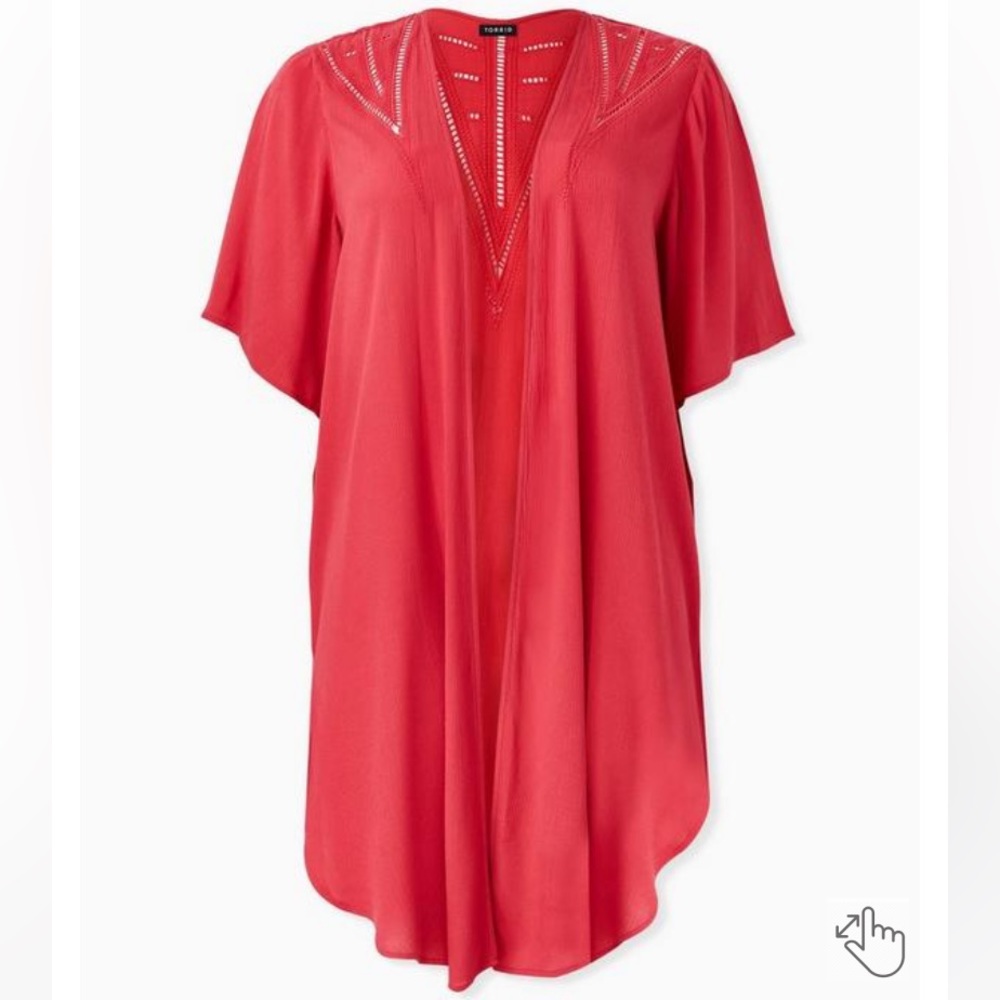 Torrid | Red 100% Rayon Crinkle Gauze Crochet Inset Longline Kimono Sz 1X/2X